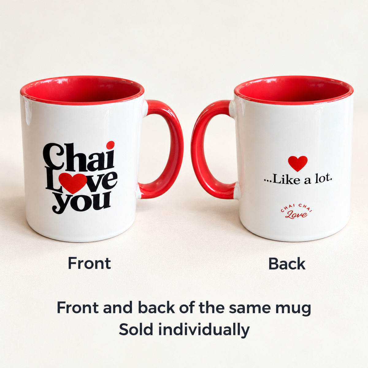 Front and back views of the same Chai Love You mug, sold individually