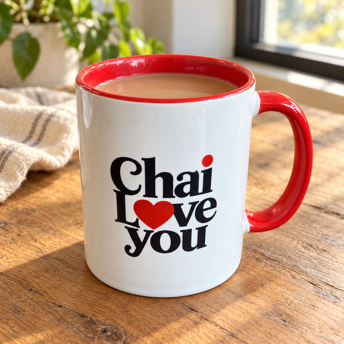 Chai Love You mug filled with chai on a wooden table by a window; chai sold separately