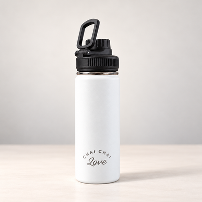 White Chai Chai Love 16 oz insulated stainless steel bottle with black lid and engraved logo