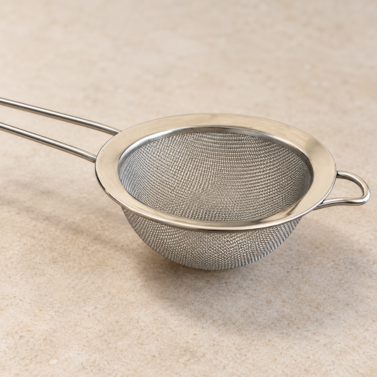 Close-up of the stainless steel chai strainer showing fine woven mesh basket and smooth metal rim